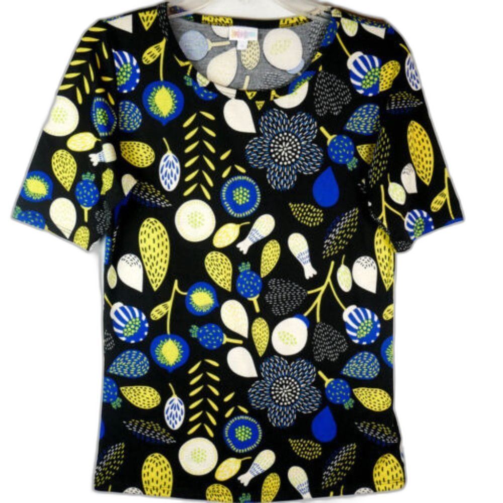 LulaRoe Women Size M Gigi T-Shirt Floral Print Black Blue Gold